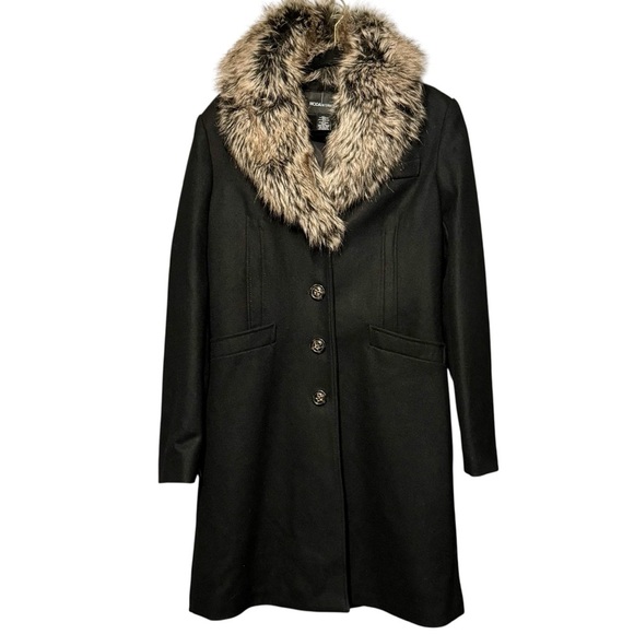 Moda International Wool Y2K Black Faux Fur Detachable Collar Midi Length Coat - Picture 2 of 9